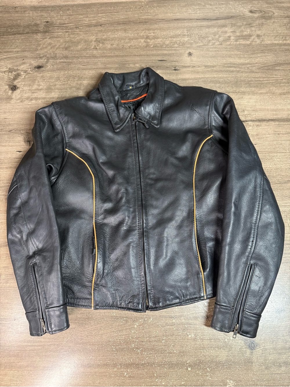 UNIK Ultra Mens M Black Leather Motorcycle Jacket Biker Moto Gold Piping